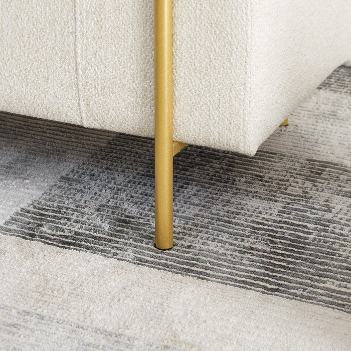 Elegant Upholstered Linen Storage Bench With Cylindrical Arms And Iron Legs, White