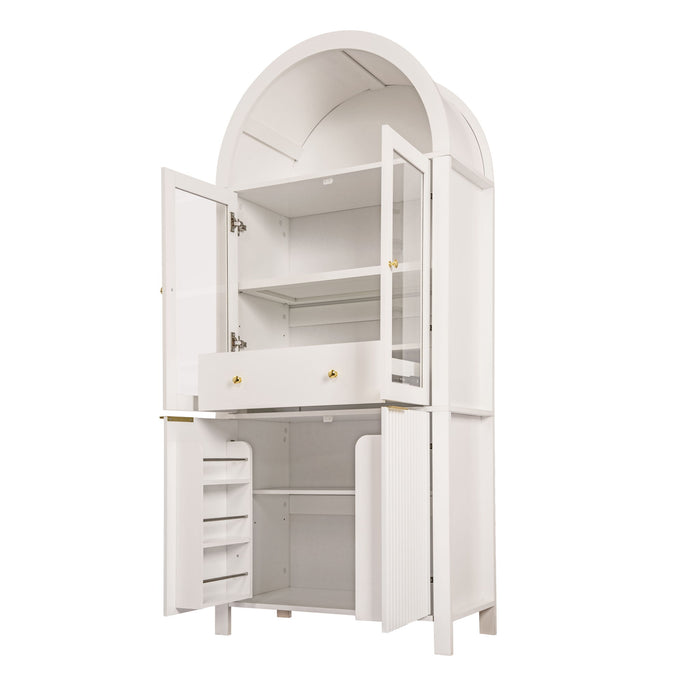 Fluted Tall Arched Pantry Cabinet With Adjustable Shelves, Glass Door & Hidden Drawer For Kitchen