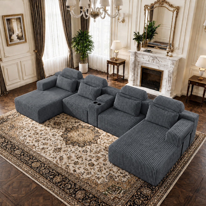 U-Shaped Sectional Sofa With Chaise Lounge And Cup Holders