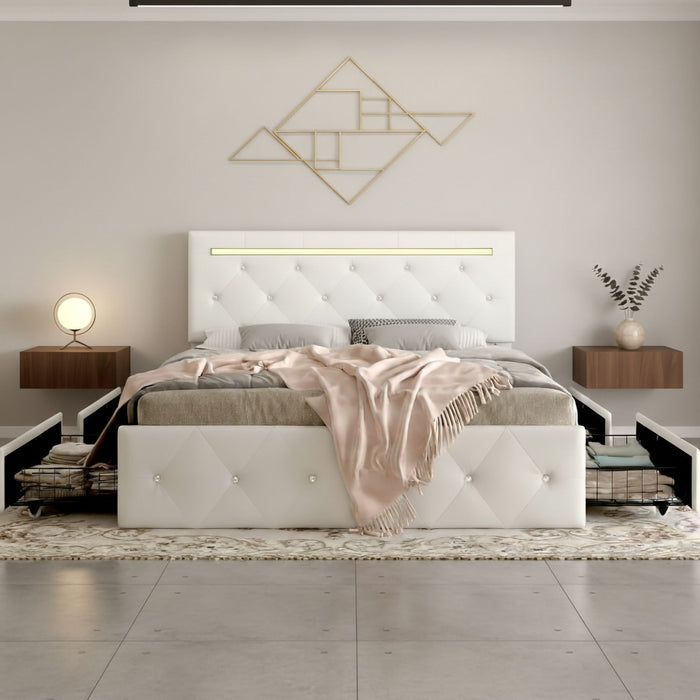Upholstered Bed Frame With LED Lights, 4 Storage Drawers, Charging Station