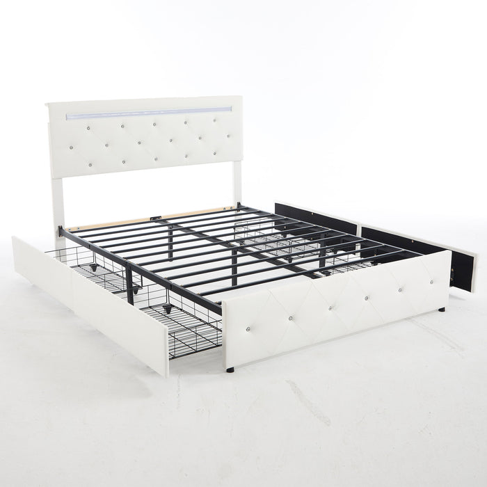 Upholstered Bed Frame With LED Lights, 4 Storage Drawers, Charging Station