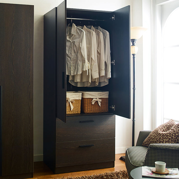 Brook - 2 Door Wood Closet With 2 Drawers And Hanging Bars - Dark Brown