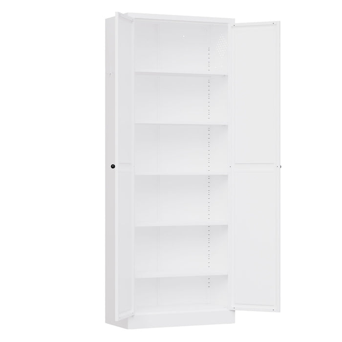 Kitchen Pantry Cabinet With Doors, Heavy-Duty Freestanding Storage Organizer With 5 Adjustable Shelves, Tool Free Assembly - White