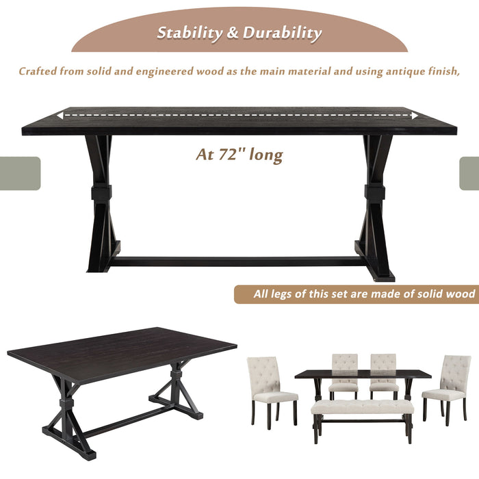 6 Piece Dining Table Set With Rectangular Wood Table, 4 Upholstered Chairs, Bench