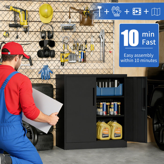 Heavy Duty Storage Cabinet With Lock, 2 Door File Cabinet With 2 Adjustable Shelves - Black