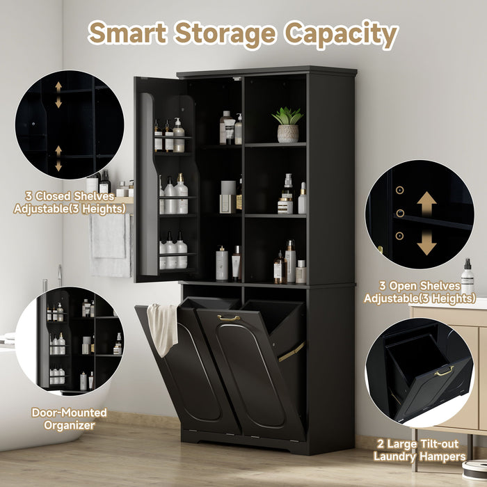 Freestanding Tall Storage Cabinet With 2 Tilt Out Hampers