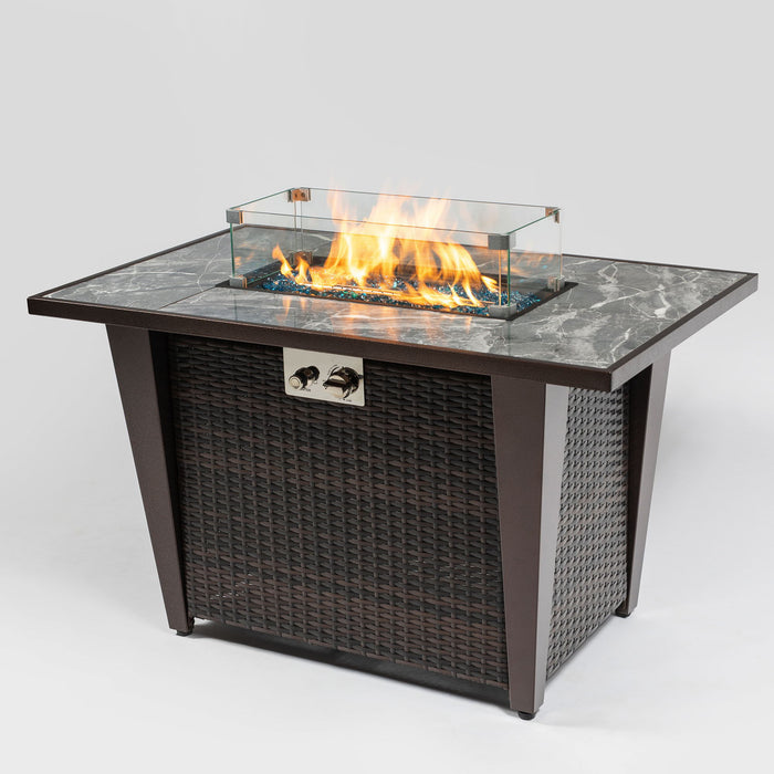 Fire Pit Table, Glass Wind Guard And Rain Cover, Lid - Brown