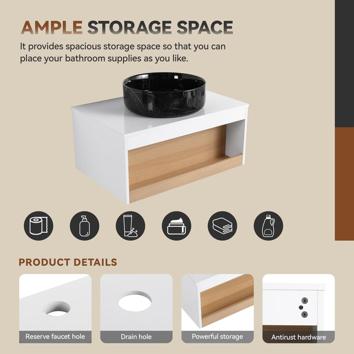 Floating Bathroom Vanity With Vessel Sink With Open Shelf Storage