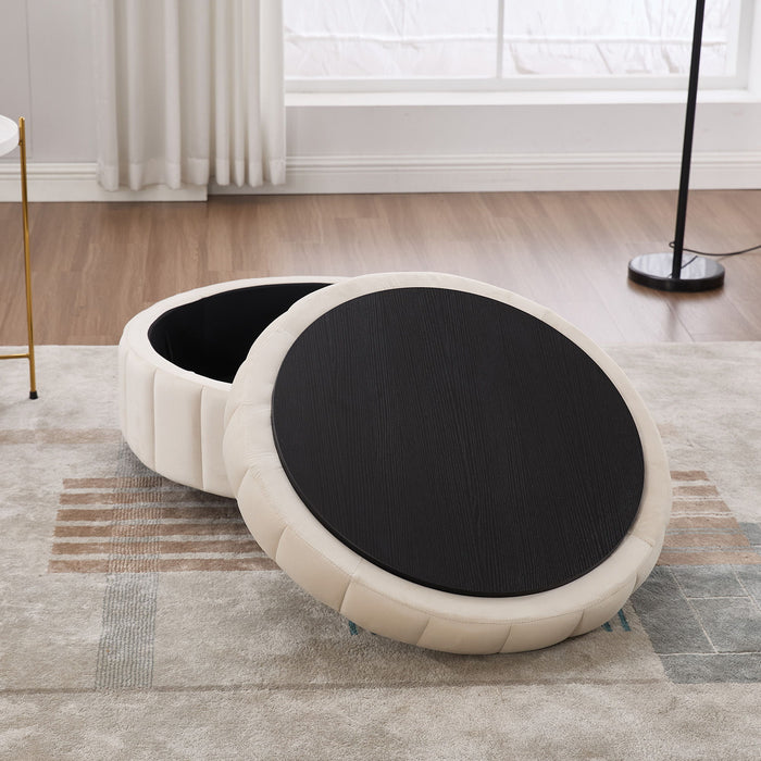 Upholstered Round Ottoman With Reversible Lid, Channel Tufted Pumpkin Shape