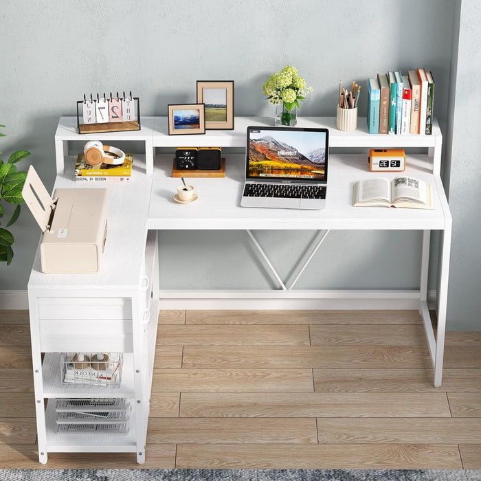 L-Shaped Home Office Desk With Monitor Riser, Drawers, And Storage Shelves