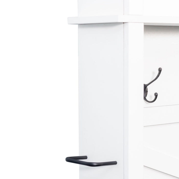 4 In 1 Hall Tree With 6 Hooks, Entryway Bench With Adjustable Shelves - White