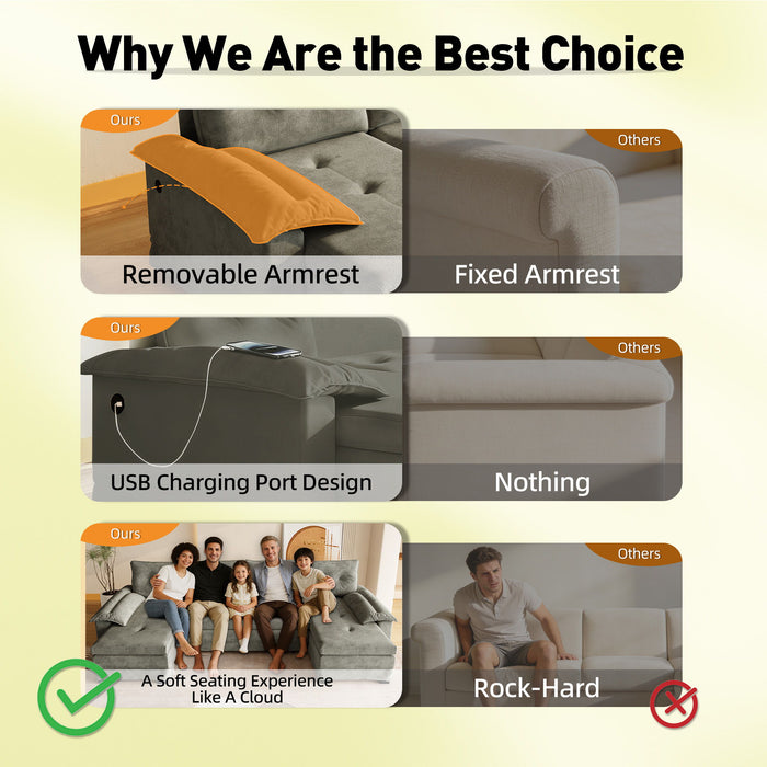U-Shaped Sleeper Sofa With Pull Out Bed, Removable Armrests & USB Ports For Living Room