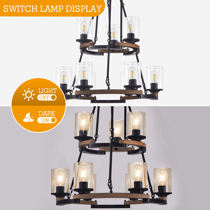 Wagon Wheel Chandelier, Ceiling Light With Adjustable Height - Black / Brown