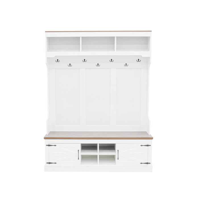 Hall Tree With Bench And Shoe Storage, 5 In 1 Entryway Organizer Cabinet With Coat Rack, 4 Shoe Cubbies & 7 Hooks - White