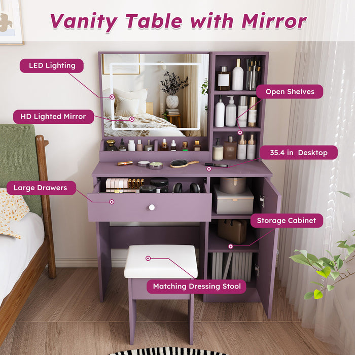 Vanity Desk Set With Padded Stool & Adjustable LED Mirror, 3 Color Mode Lighting, Compact For Bedroom - Purple
