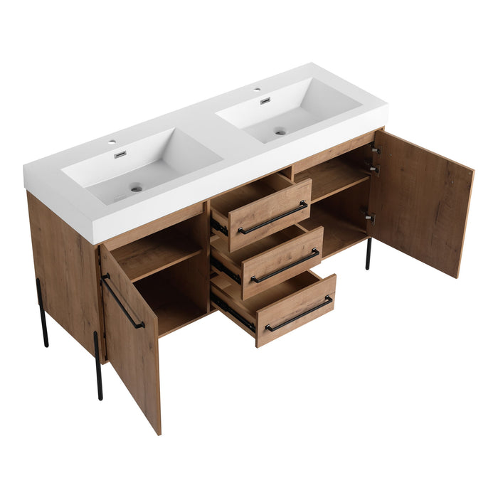 60" Freestanding Bathroom Vanity With Double Sink, Soft Close Doors, 3 Drawers - Imitative Oak