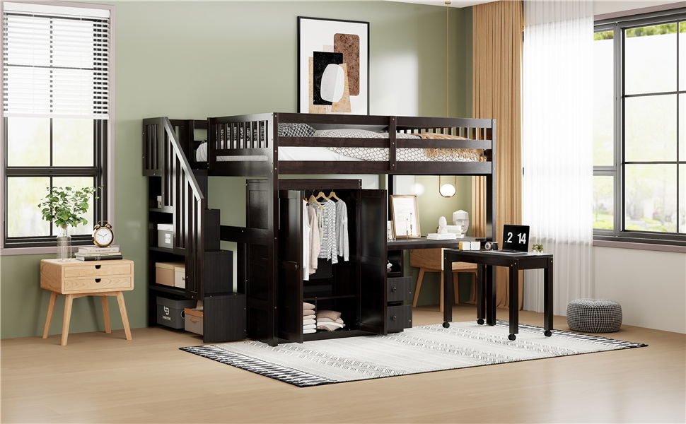 Loft Bed With Stairs, Bookshelf, Drawers, Desk & Wardrobe, Space Saving Multifunctional Furniture