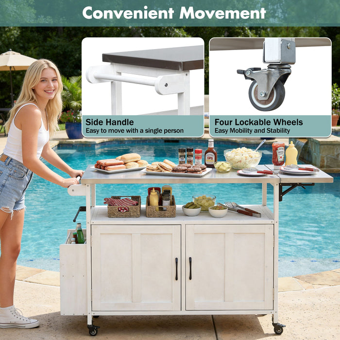 Foldable Outdoor Kitchen Island With Lockable Wheels, Storage Cabinet And Towel Rack For Patio