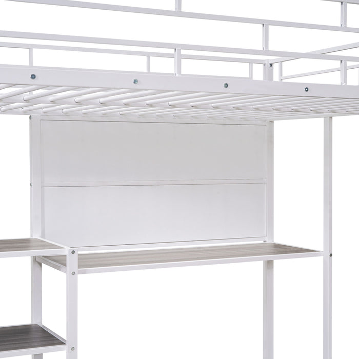 Metal Loft Bed With Desk, 3 Shelves And Ladder
