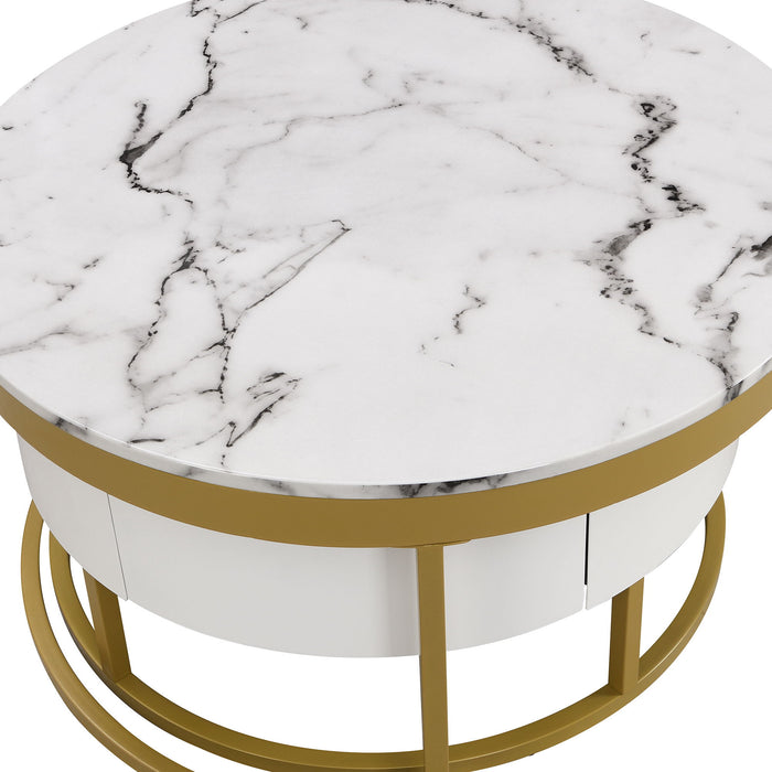 Round Nesting Coffee Table With Drawers - Golden / White