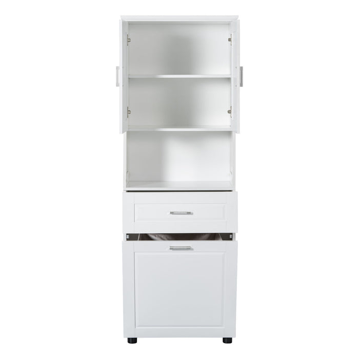 Tall Bathroom Cabinet With Tilt-Out Laundry Basket And Upper Storage