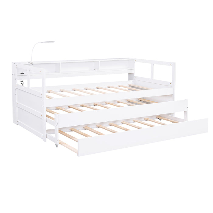 Daybed With 2 Trundles, 3 Storage Cubbies, Built In USB Charging Light