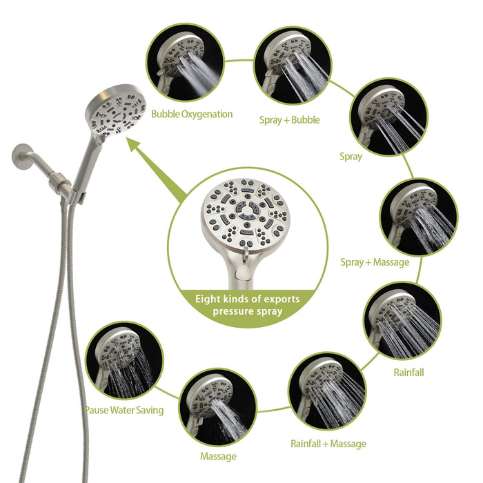 Multi Function Adjustable Hand Shower 8 Function Hand Shower, Plastic Construction - Brushed Nickel