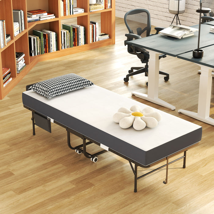 Twin Folding Bed With Adjustable Headboard & Memory Foam, Space Saving Rollaway Guest For Tall People, Portable On Wheels, Easy Assembly - Black