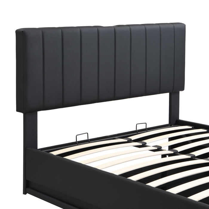 Upholstered Bed With Hydraulic Storage System And LED Light, With Sockets And USB Ports