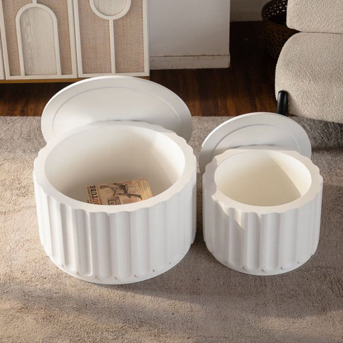 Round Storage Table Set With Lift Off Lid, Nesting Design, Elegant Curved Edge Shape For Living Room - Cream White