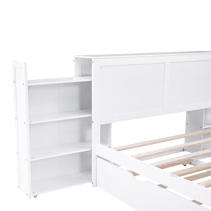 Storage Platform Bed With Pull Out Shelves And Trundle