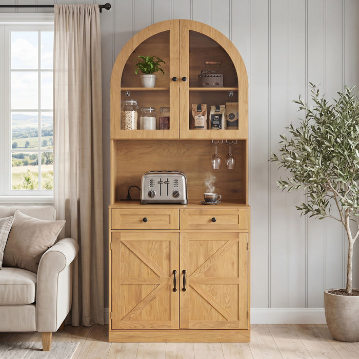 Tall Arched Pantry Cabinet With Charging Station, Adjustable Shelves, Coffee Bar
