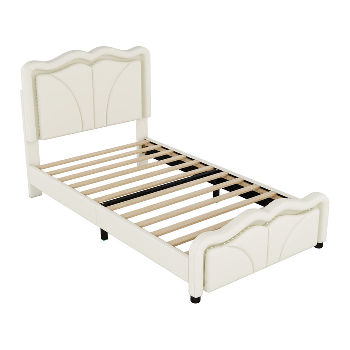 Upholstered Platform Bed & Curve Shaped And Height Adjustable Headboard, LED Light Strips