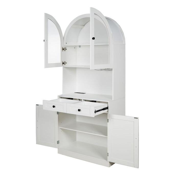 Tall Arched Pantry Cabinet With Charging Station, Adjustable Shelves, Coffee Bar