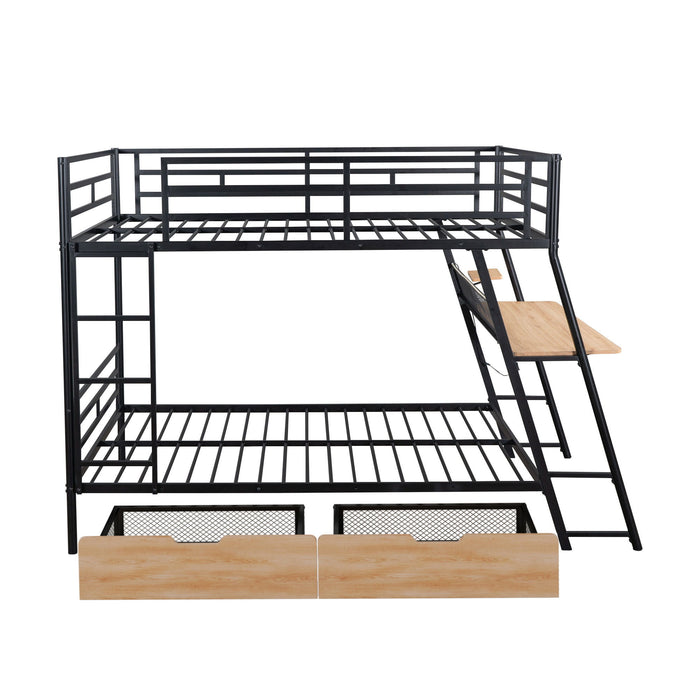 Full Size Bunk Bed With Built In Desk, Light, And 2 Drawers - Black