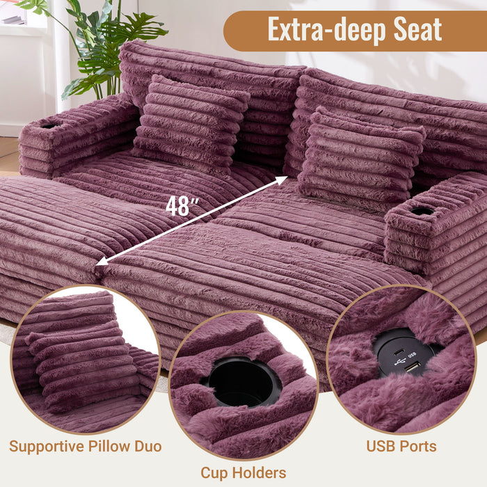 Oversized Double Chaise Lounge Sofa With USB Ports And Cup Holders