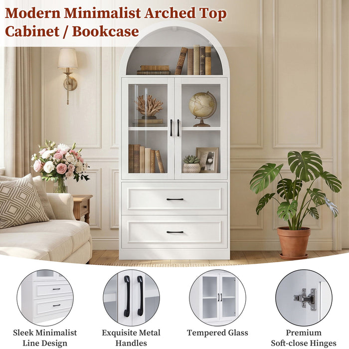 Arched Top Storage Cabinet With Fixed 2 Tier Shelves, 2 Large Drawers