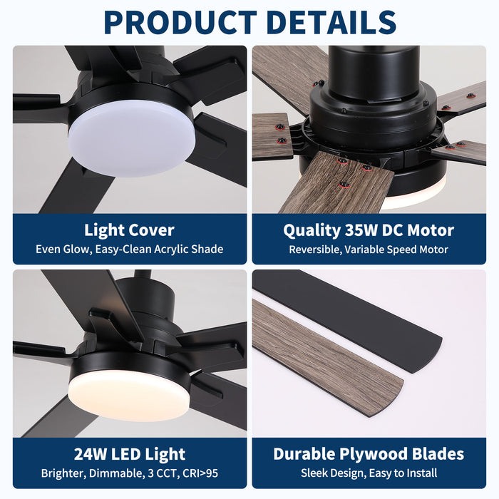 Ceiling Fan With Lights And Remot With Quiet DC Motor, 6 Speeds, Reversible Blades - Black