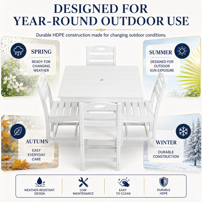 Outdoor Patio Dining Set, Square Table With Umbrella Hole And Armless Chairs