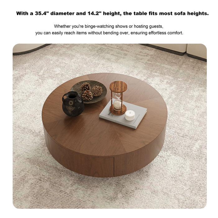 Drum Shaped Coffee Table With Hidden Storage Drawer, Low Profile For Living Room - Walnut