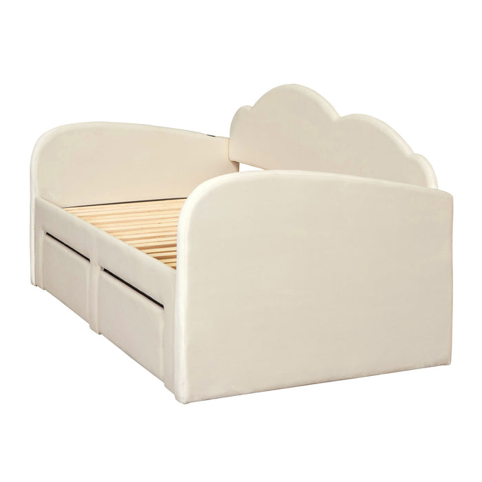Upholstered Daybed With Cloud-Shaped Backrest, Trundle & 2 Drawers And USB Ports