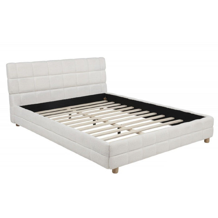 Modern Platform Bed With Upholstered Grid-Patterned Headboard