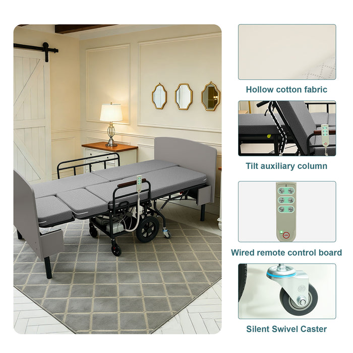 Dual Motor 3 In 1 Electric Nursing Bed Convertible To Wheelchair & Stretcher - Gray