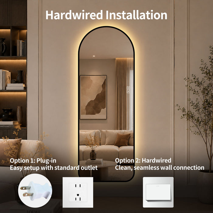 65" X 24" Arched LED Full Length Mirror With Frame, 3 Color Temperatures & Stepless Dimming - Black