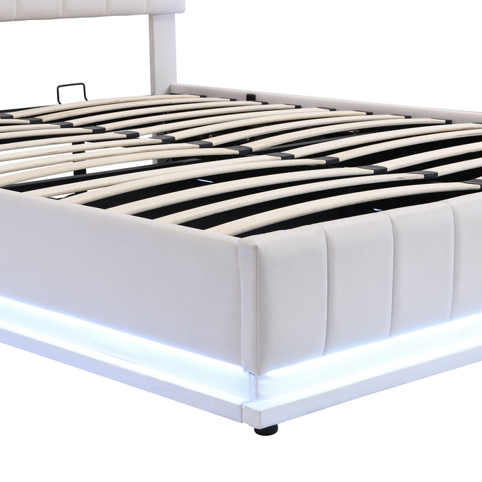 Upholstered Bed With Hydraulic Storage System And LED Light, With Sockets And USB Ports