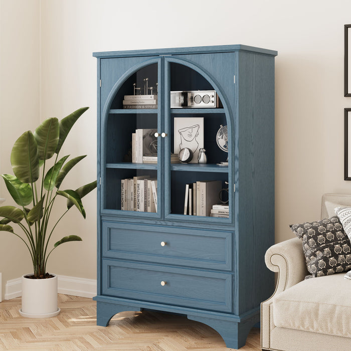 Glass Door Display Case With 2 Drawers And Adjustable Shelf