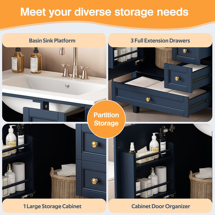 Bathroom Vanity With Sink, 3 Drawer Storage Cabinet