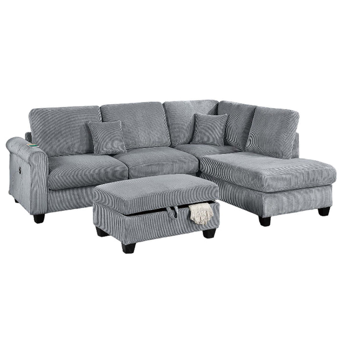 Contemporary Sectional Set With Right Arm Chaise, Left Arm Sofa With USB Port, Storage Ottoman