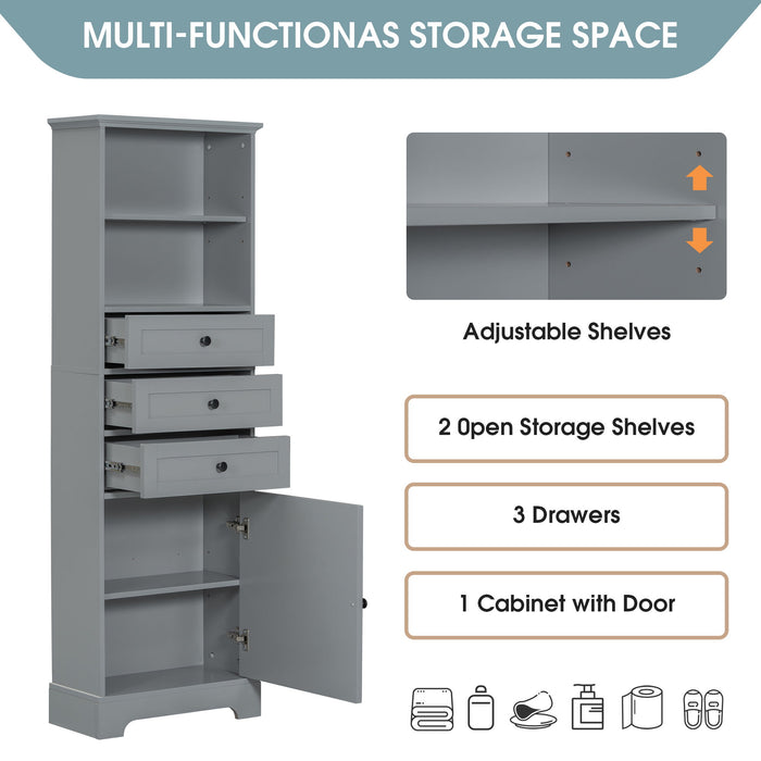 Tall Storage Cabinet With 3 Drawers And Adjustable Shelves For Bathroom