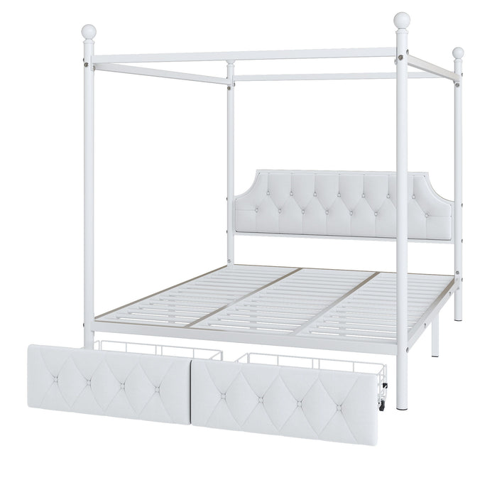 Canopy Platform Bed With Upholstered Headboard And 2 Storage Drawers - White